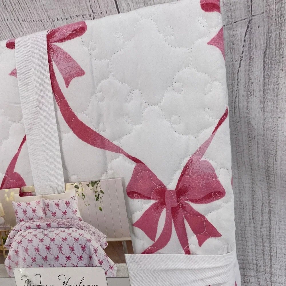 Modern Heirloom Abigail Bow Quilt Set Twin White Pink Ribbon Coquette Cottage